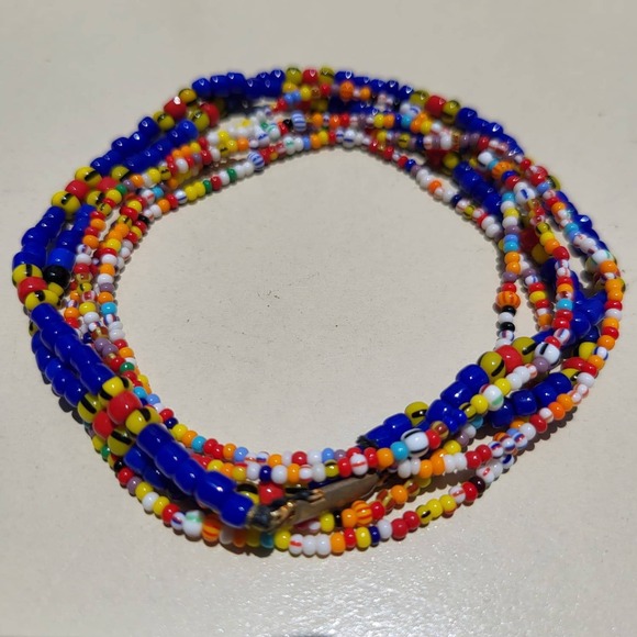 Jewelry - 2 Vintage Glass Seed Bead Strand Blue Red Yellow Boho Layered Necklaces